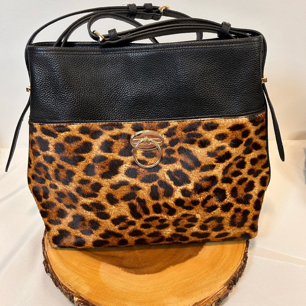 TALBOTS Leopard Print and Black Leather Boho Chic Hobo Women's Slouchy Handbag